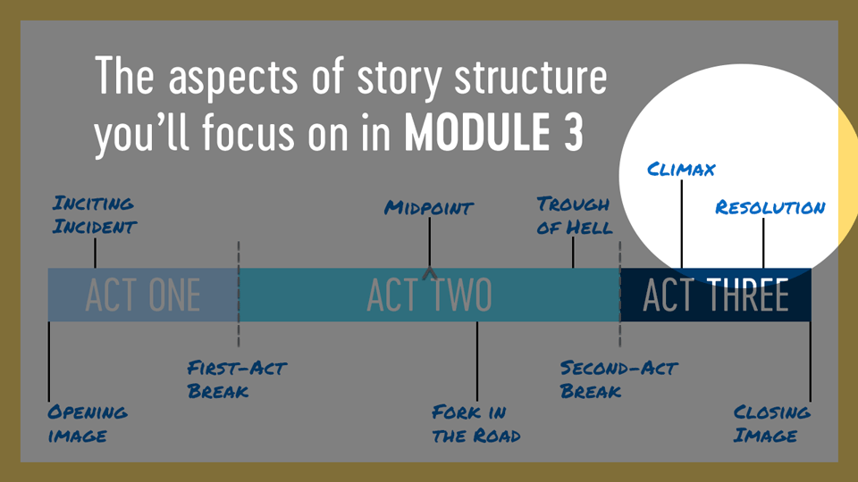 In Module 3, you’ll learn about the climax and the resolution