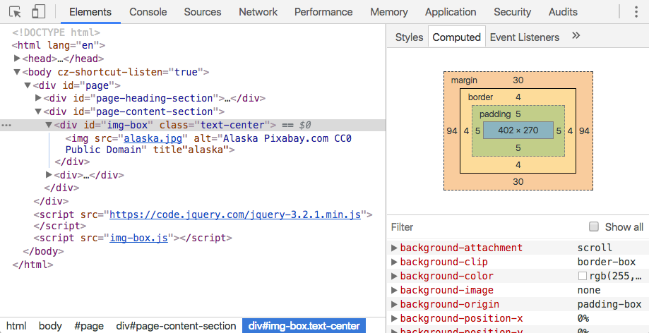 Inspect lab starting HTML file for the #img-box element id.
