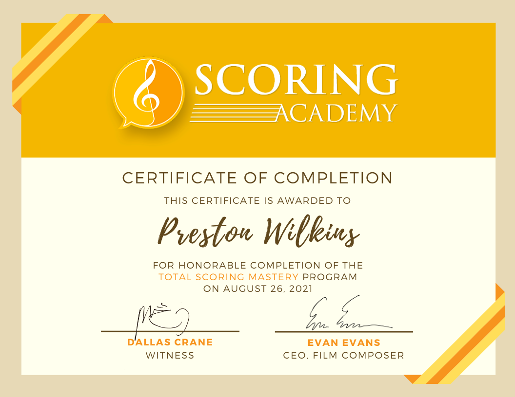 Certificate of Completion of the Total Scoring Mastery program from the Scoring Academy