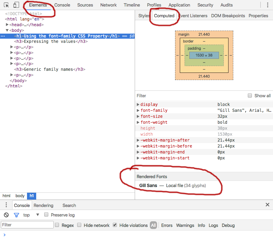 Practice file web browser tools showing Gill Sans font used for the h1 element.