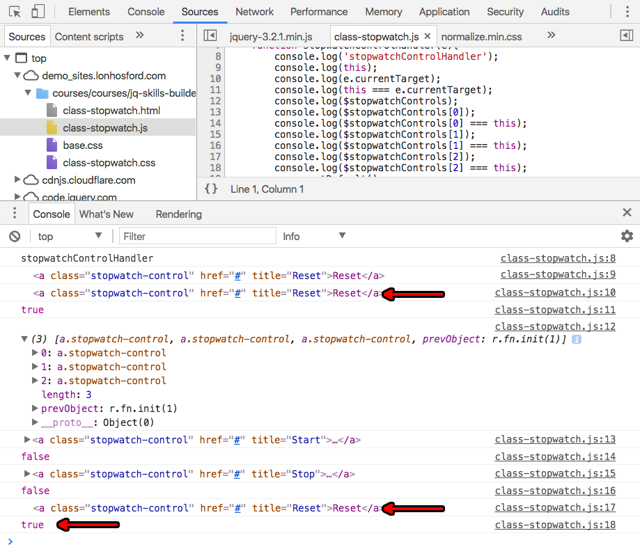 Sources and Console views examining the this and $stopwatchcontrols[2] objects.