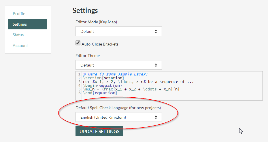 Overleaf spell check selection settings global