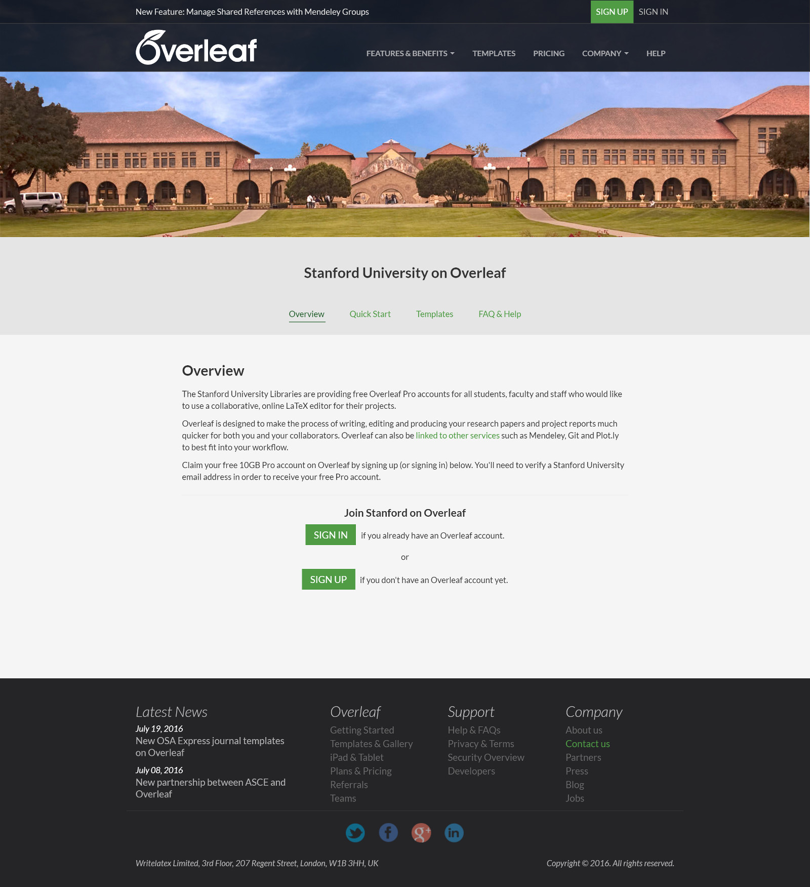 Screenshot of the Stanford University portal on Overleaf