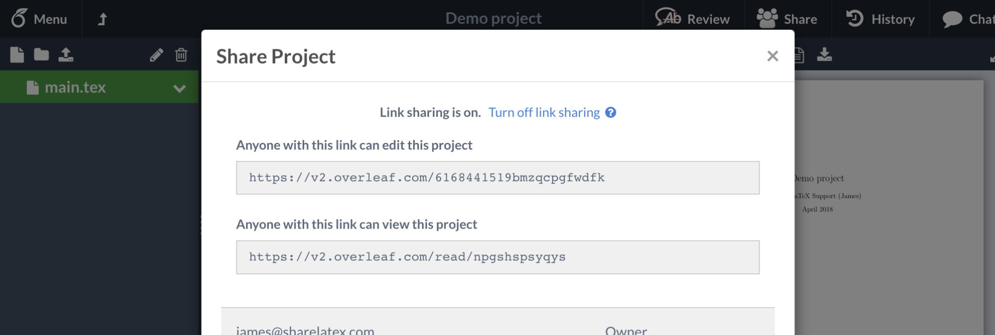 Link sharing in Overleaf v2