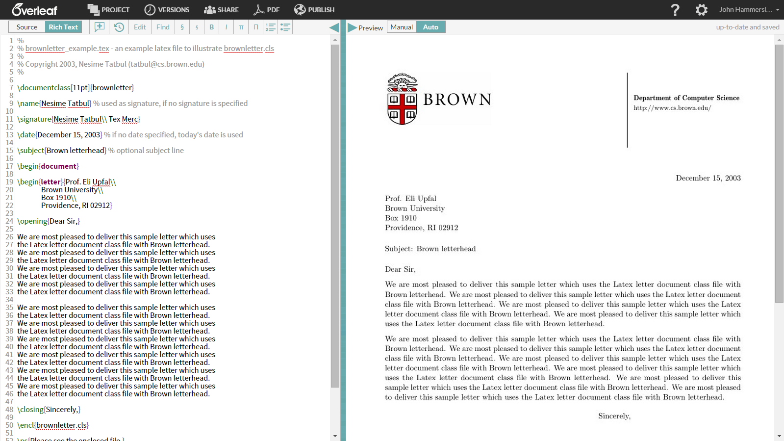 Brown University Overleaf template example screenshot