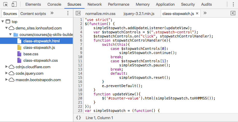 Sources view of completed code for the stopwatchControlHandler function.