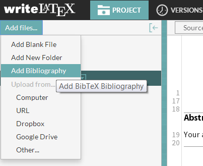 Writelatex add bibliography screenshot