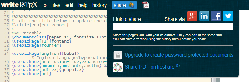 WriteLaTeX editor share menu screenshot