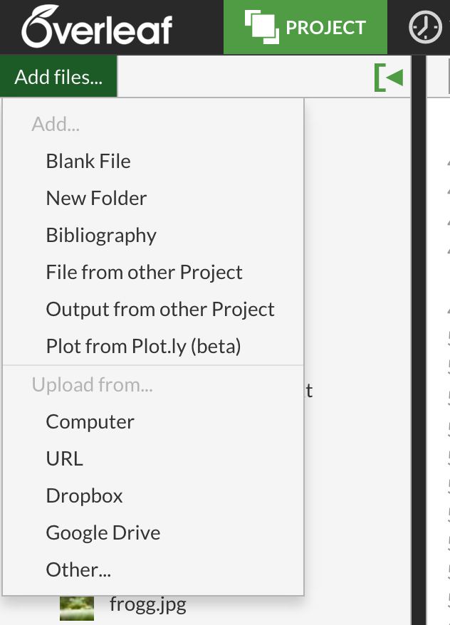 upload files link in the project menu