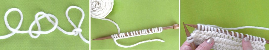 White yarn ball with a knitting needle and cast-on stitches on a green background