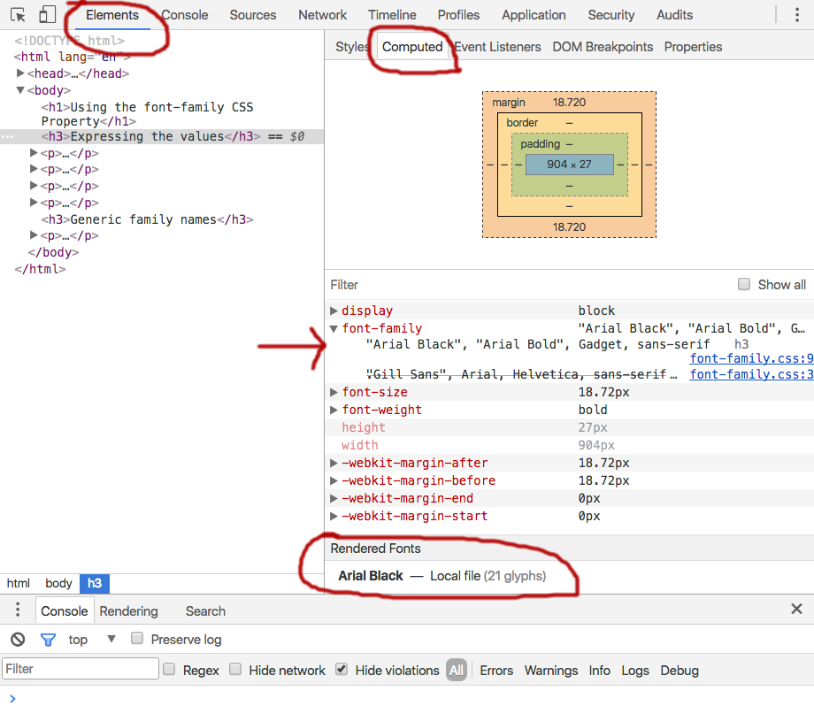 Practice file web browser tools showing Arial Black, Arial Bold, Gadget, sans-serif; font stack used for the h3 element.
