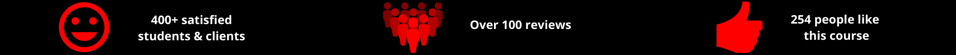 alt=&quot;3 icons lined up in a row, one has a smiling face and says &quot;400+satisfied students &amp;amp; clients,&quot; the next is a group of people and says &quot;over 100 reviews,&quot; the third is a thumbs up and says &quot; 254 people like this course&quot;
