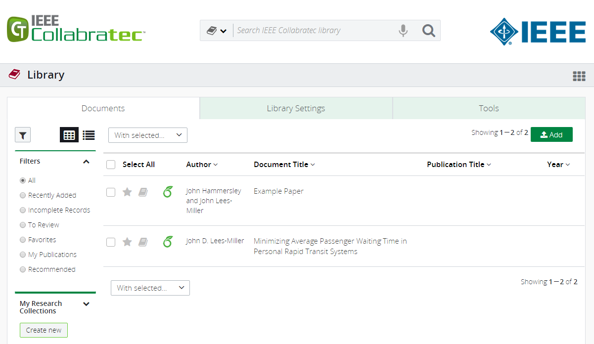 IEEE Collabratec screenshot showing two articles linked with Overleaf