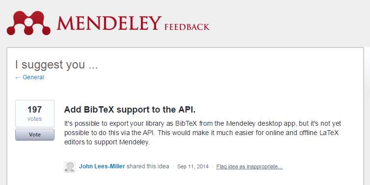 Mendeley API add BibTeX support feedback screenshot