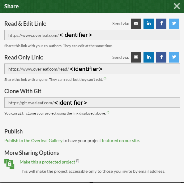 Link types for sharing your Overleaf project