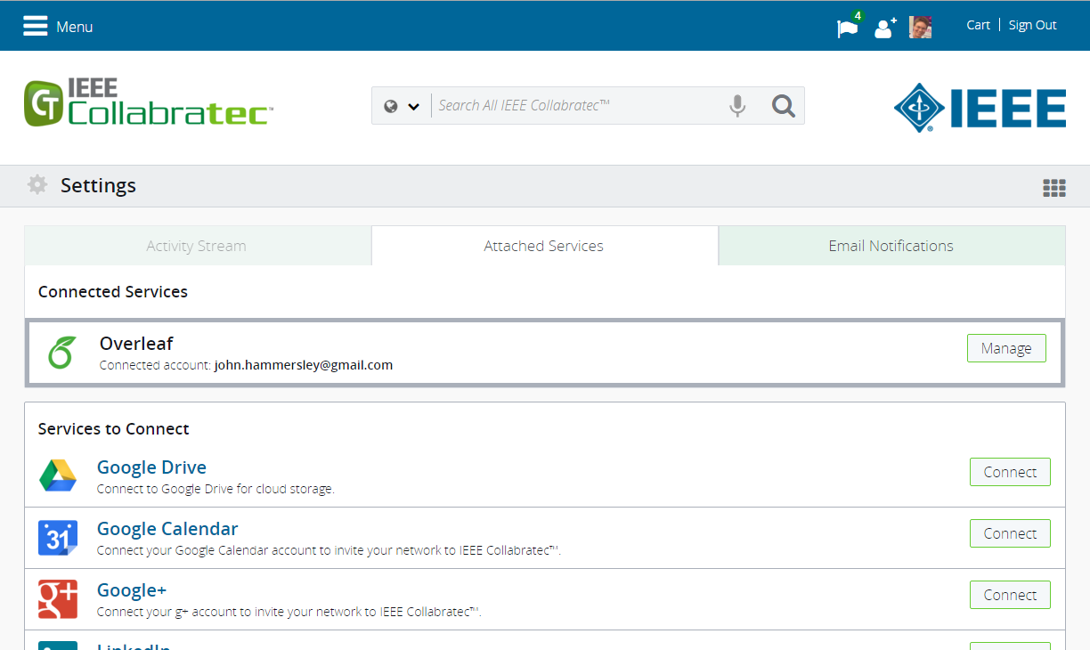 IEEE Collabratec screenshot showing connected Overleaf account