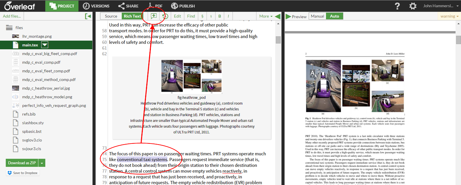 Overleaf selected text for comment screenshot