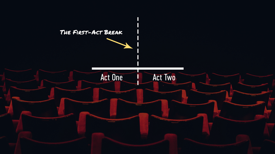 Dashed-line (to indicate first-act break) against backdrop of theater seats