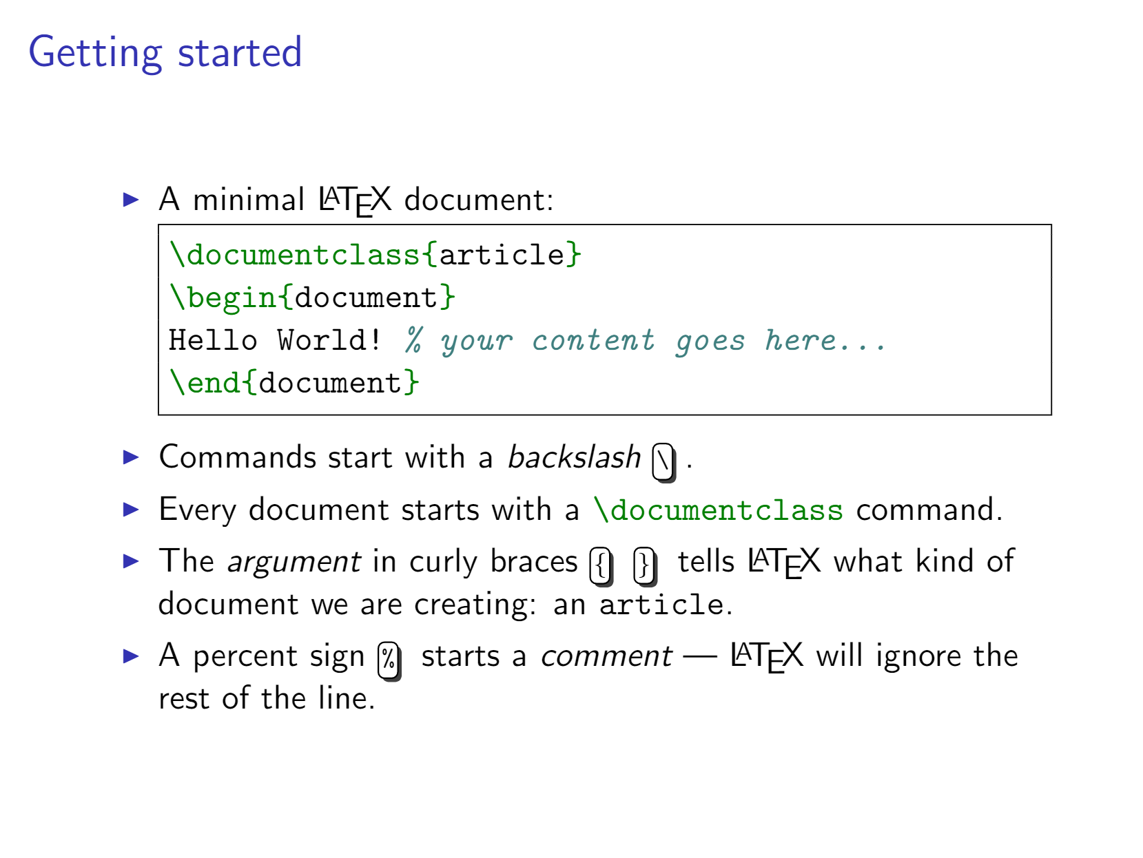 A sample slide from the Overleaf LaTeX tutorial