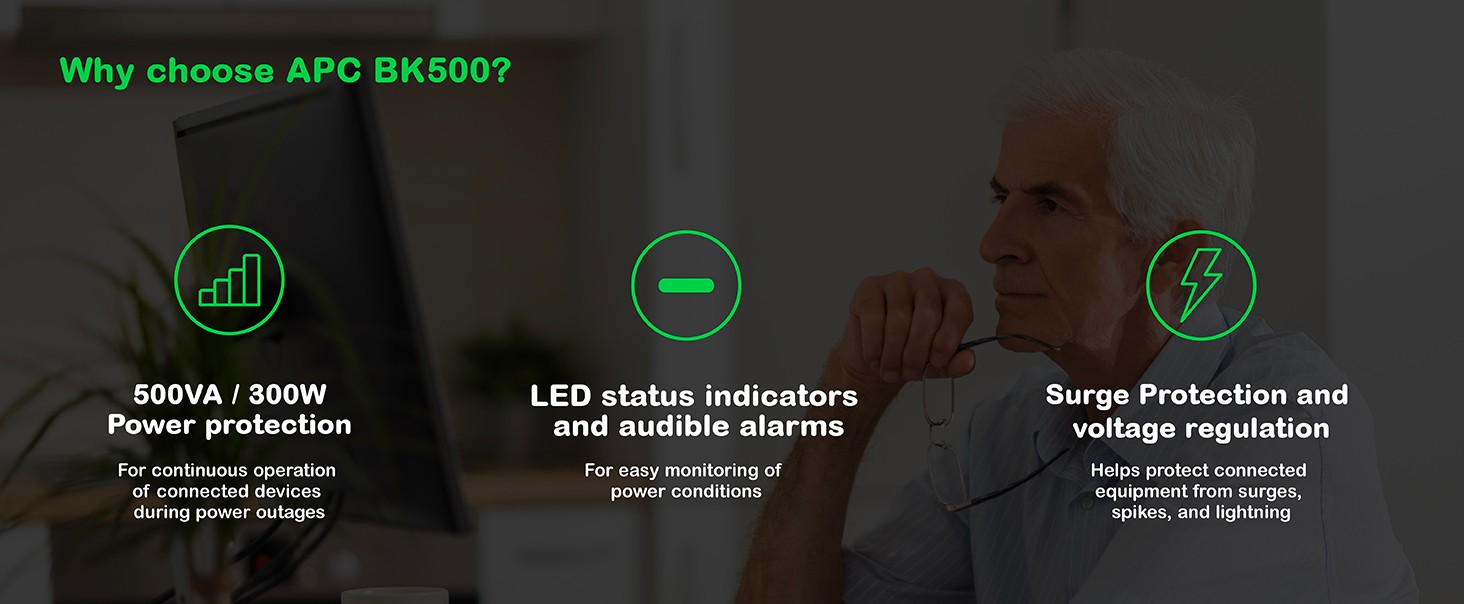 Features of APC Back-UPS including its wattage, physical features, audible alarms and battery status.