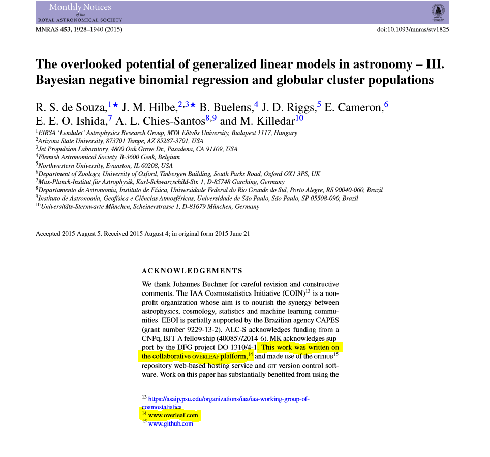 Overleaf is acknowledged in this recent paper for the Royal Astronomical Society