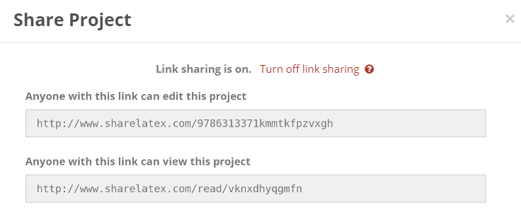 screenshot showing link sharing options on ShareLaTeX