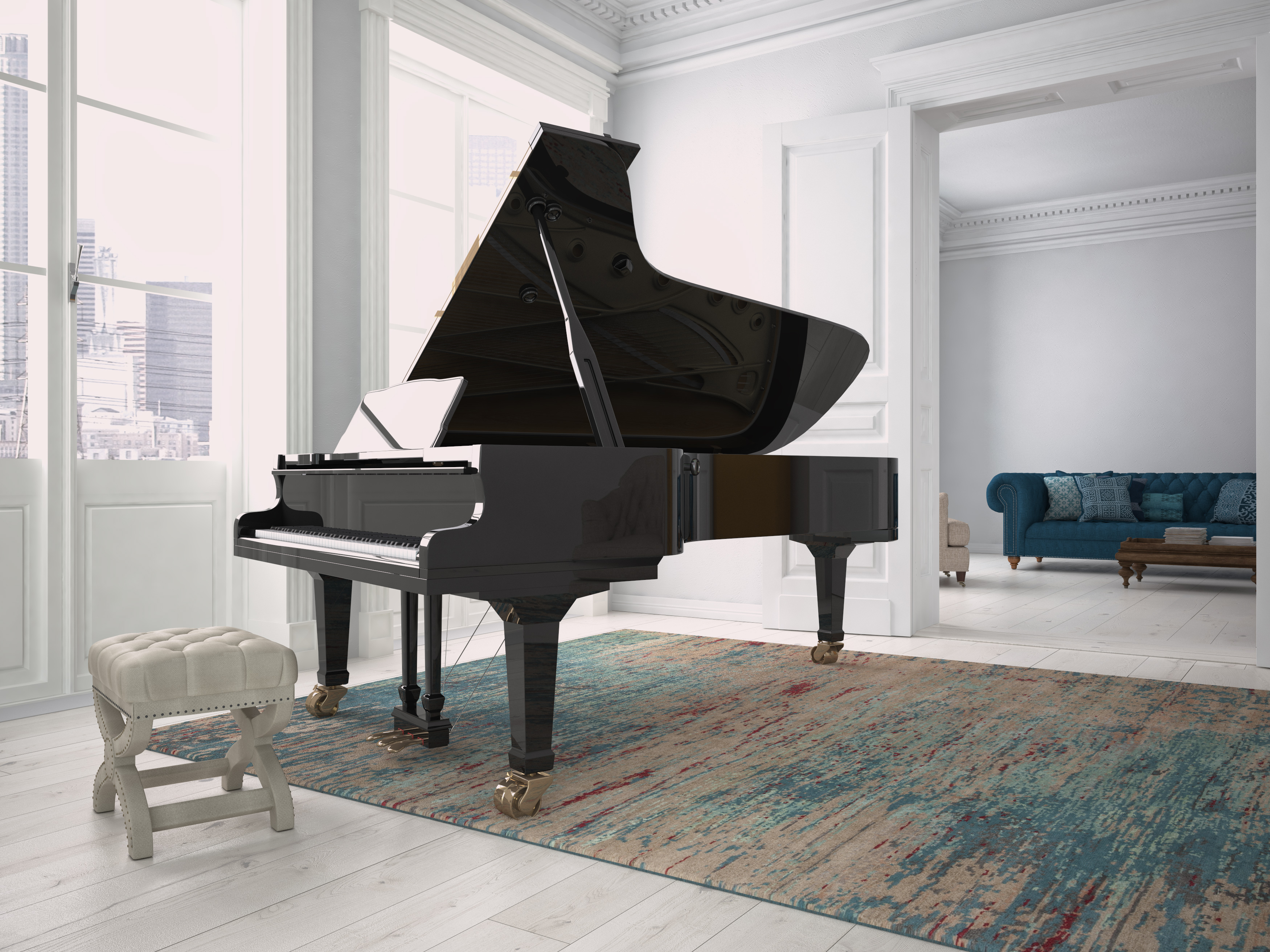 Learning Piano with a Grand Piano Piano Studio in a Modern Apartment Overlooking a City 