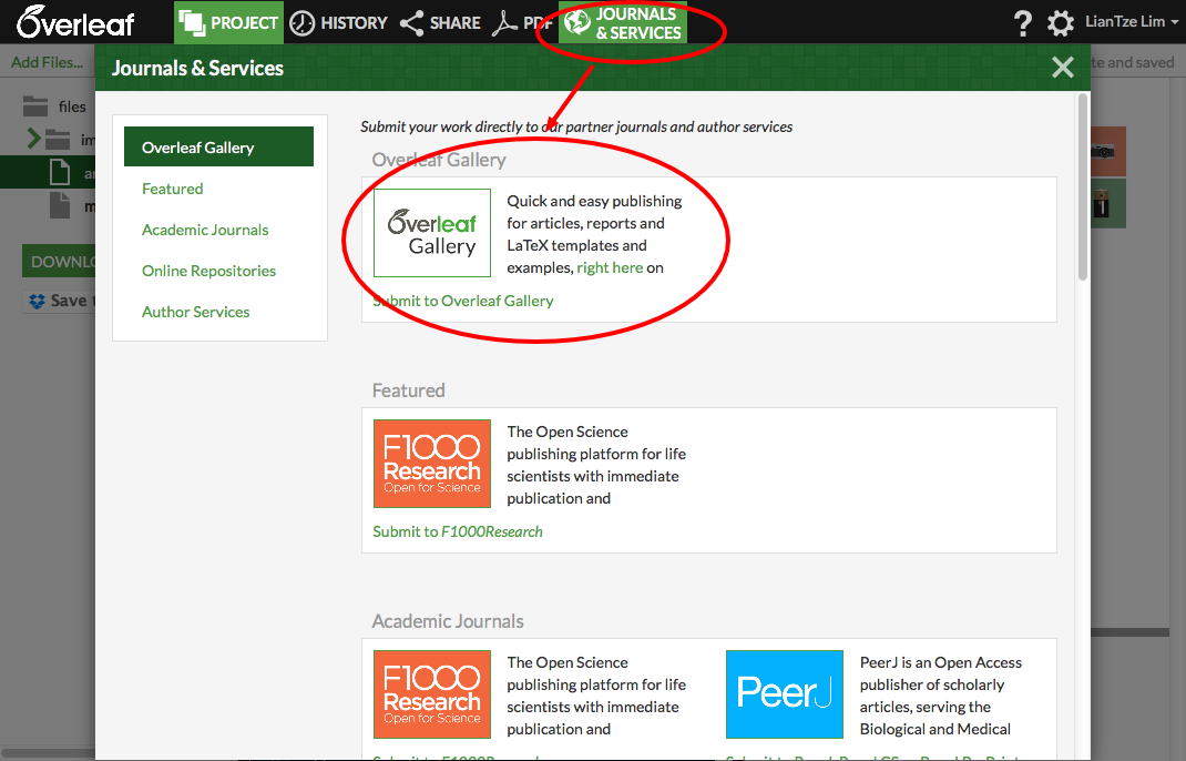 Overleaf Gallery Journals & Services Menu Screenshot