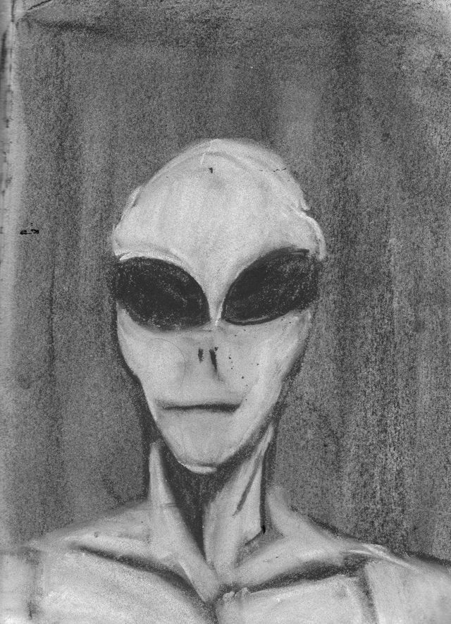 image: GREY ALIEN RENDERED IN CHARCOAL. FRAMED 150.00