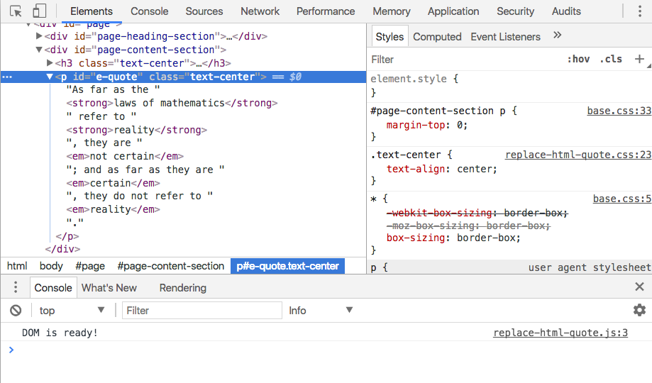 Elements view after adding the html method to update the #e-quote element.