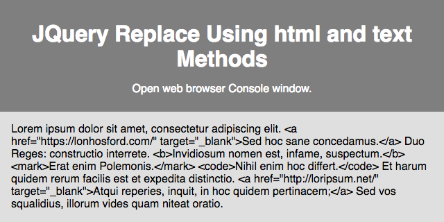 Web view Lorem Ipsum text with HTML markup using JQuery text method.