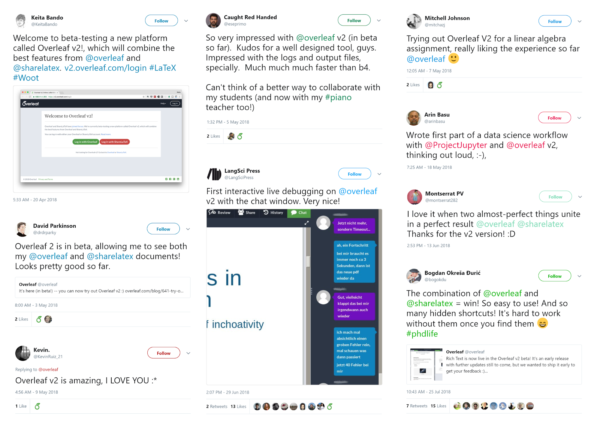 Collage of Tweets mentioning Overleaf V2