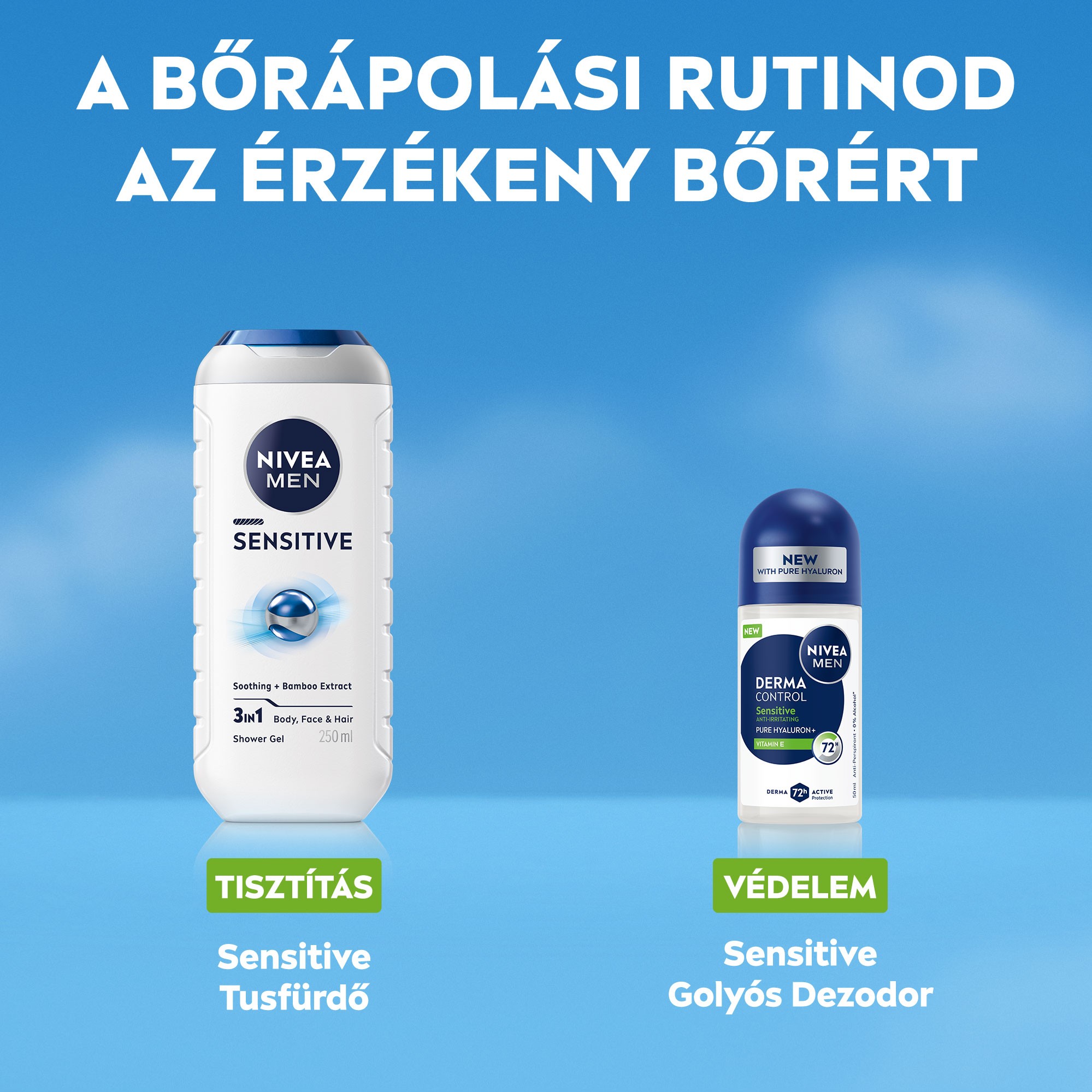 A bőrápolási rutinod az érzékeny bőrért; NIVEA MEN sensitive tusfürdő és NIVEA MEN Derma Control Sensitive golyós dezodor