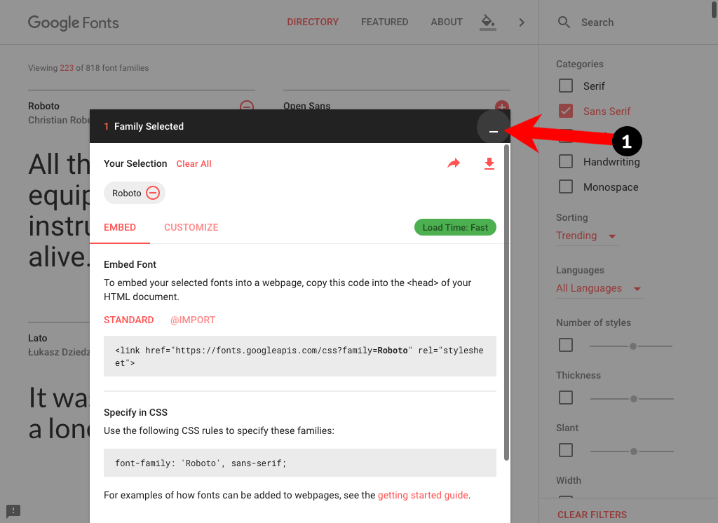 Google Fonts open cart panel close button