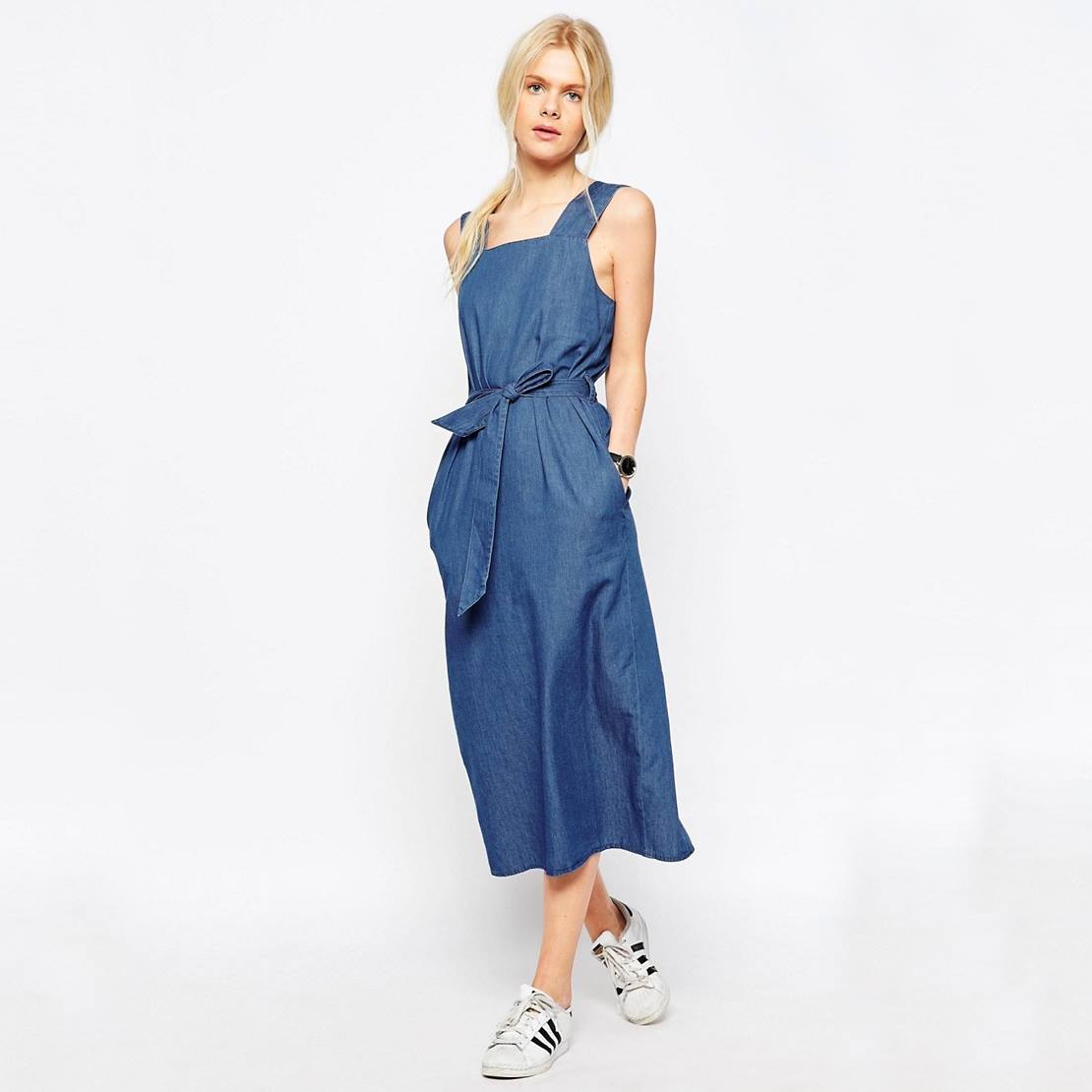 blue belted midi denim dress