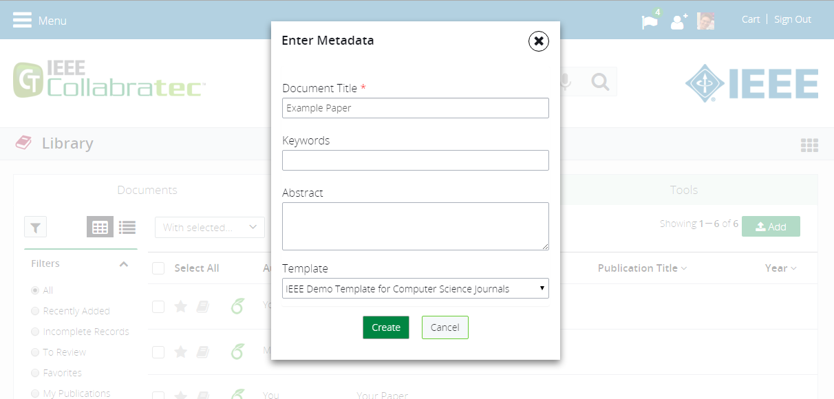 IEEE Collabratec screenshot showing how to add meta data and choose template for a new LaTeX document