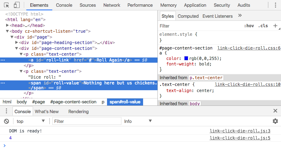 Inspect element ids for the link and dice roll value output.