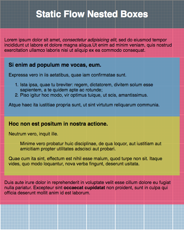 Web browser rendering static flow with nested block elements.