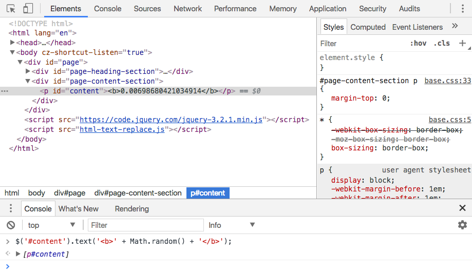 Web tools view Math.random with HTML markup using JQuery text method.