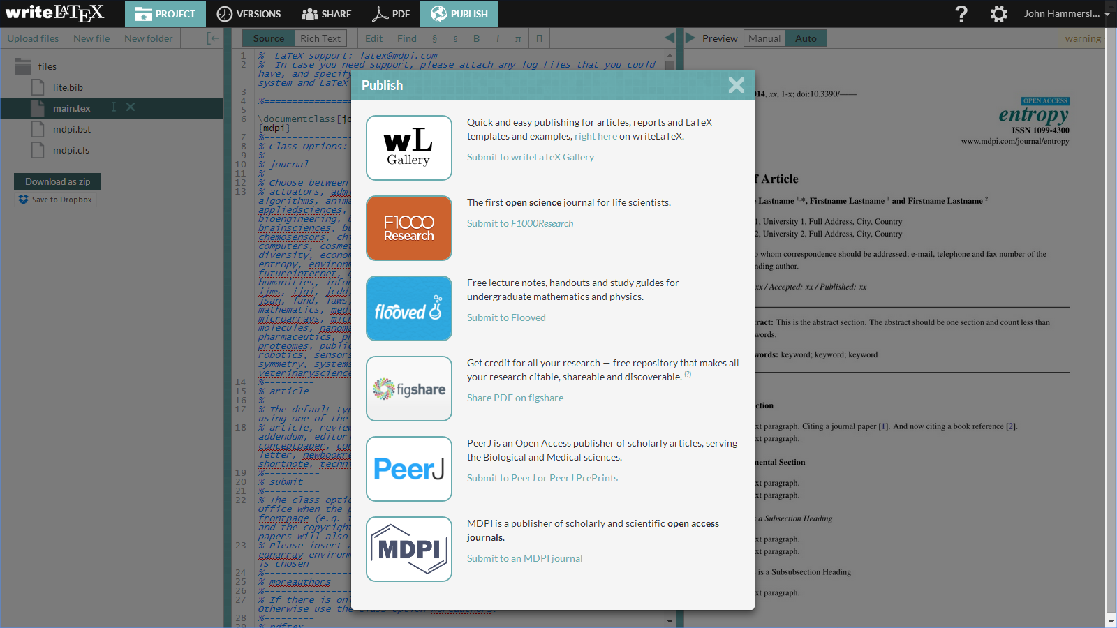 WriteLaTeX MDPI publish submission screenshot 1