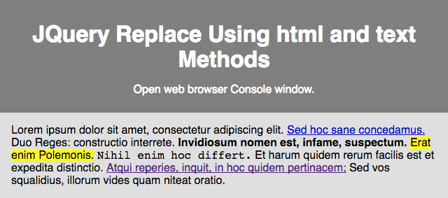 Web view Lorem Ipsum text with HTML markup using JQuery html method.
