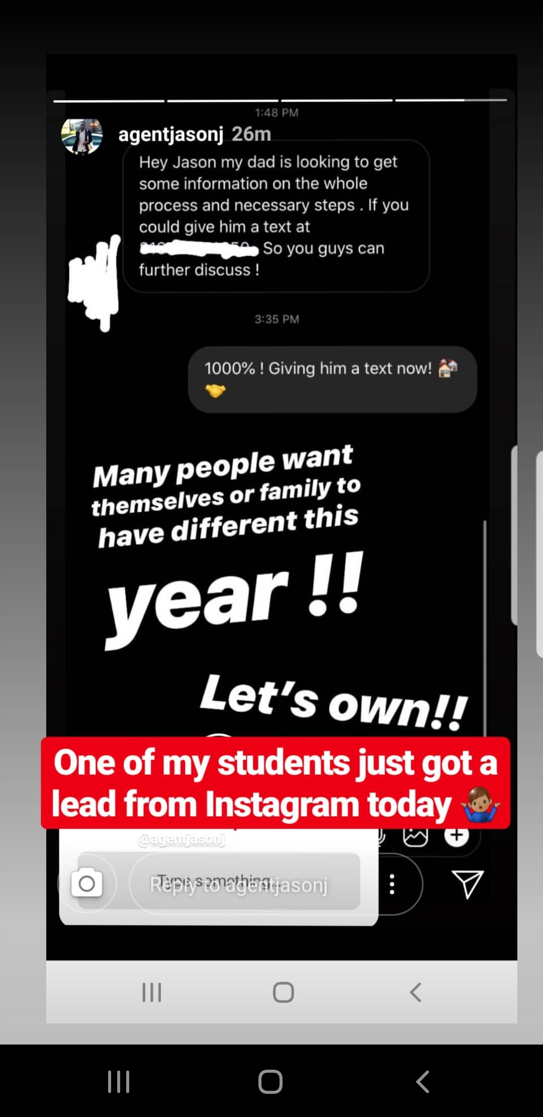 Here's a screenshot of on my students from Florida who is getting leads from Instagram!