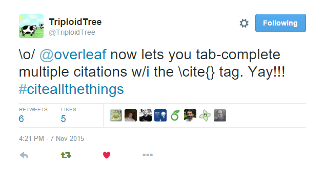 Tweet screenshot about the new Overleaf auto-complete update