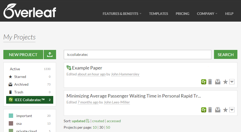 Overleaf screenshot showing two articles linked with IEEE Collabratec