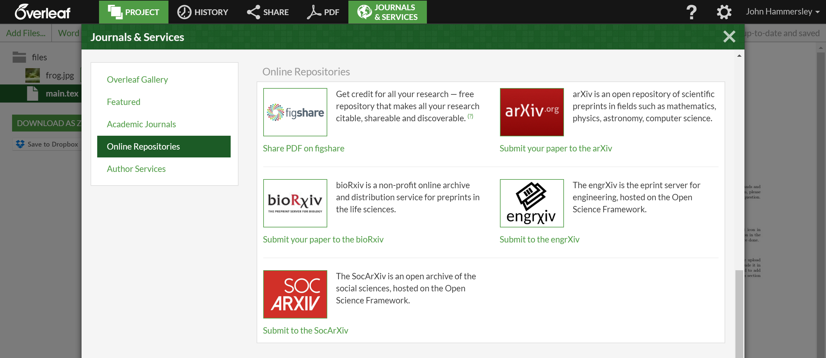 engrxiv and socarxiv links on overleaf