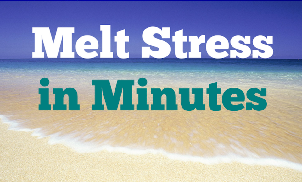 photo of sea, sky and water lapping gently upon the beach, with the words “Melt Stress in Minutes