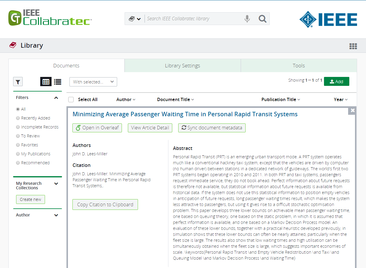 IEEE Collabratec screenshot showing Overleaf metadata integration research paper