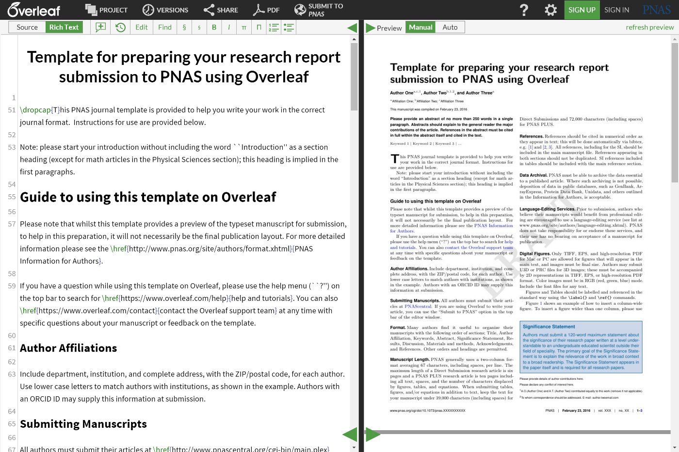 PNAS LaTeX author template on Overleaf