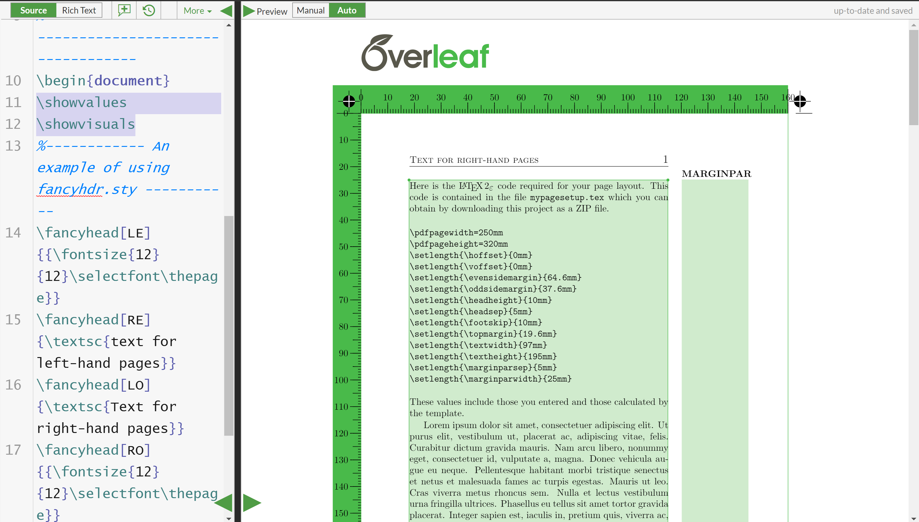 Screenshot showing values calculated for LaTeX page-layout parameters