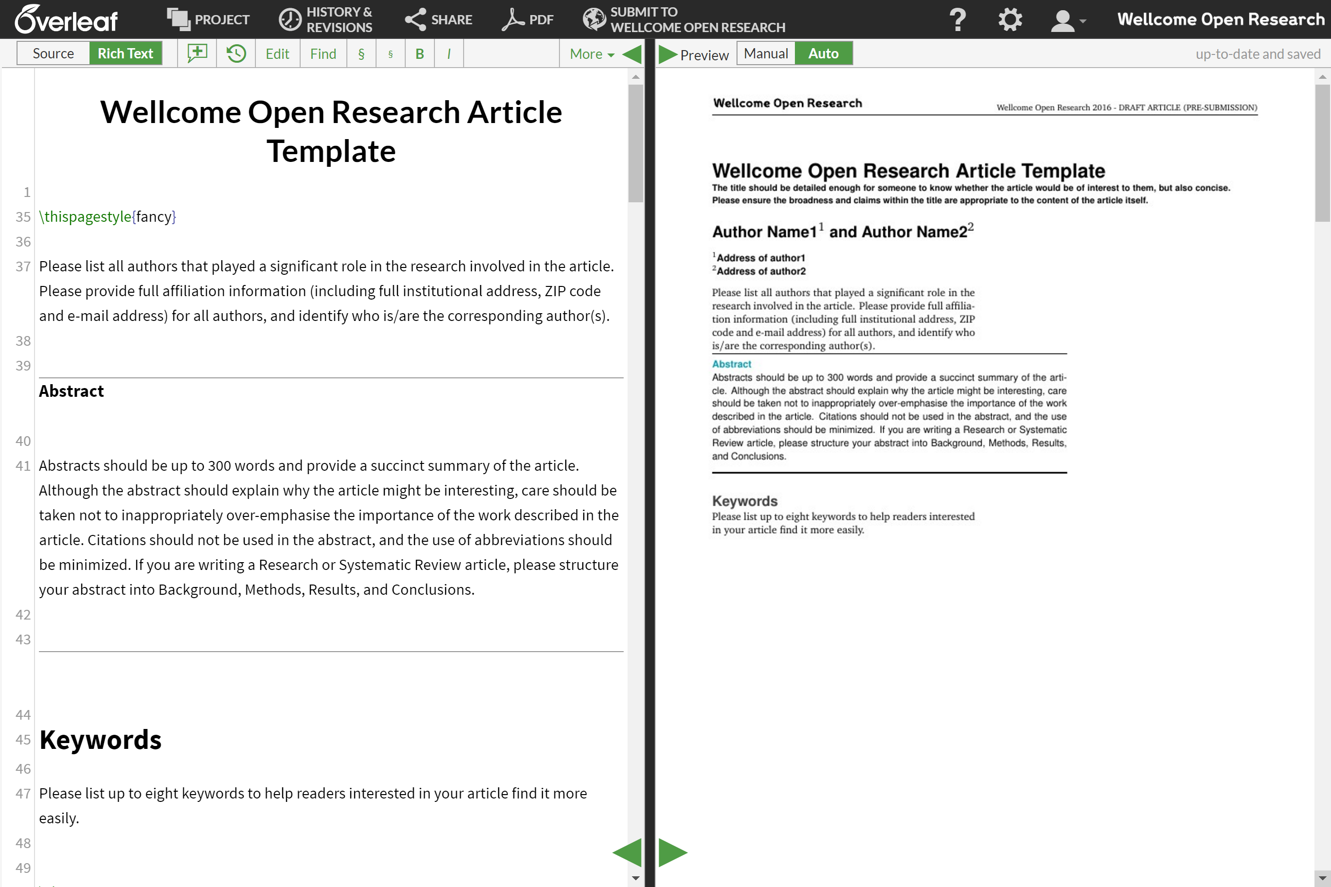 The new Wellcome Open Research article template on Overleaf